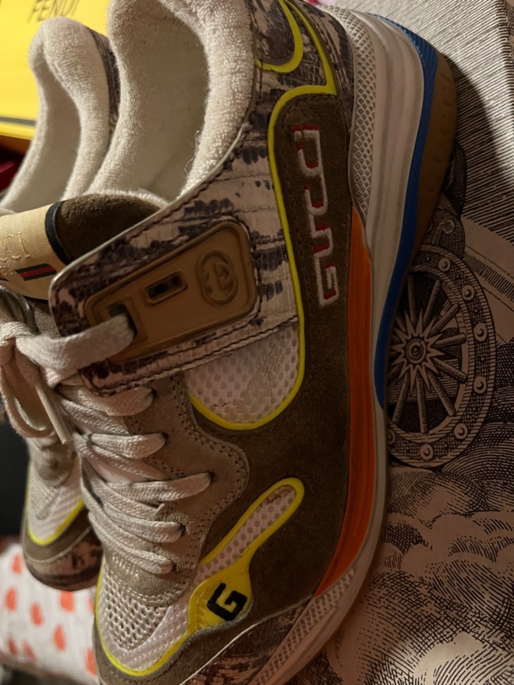 Gucci Beige Suede & Mesh Sneakers with Neon Yellow Accent - Picture 6 of 15